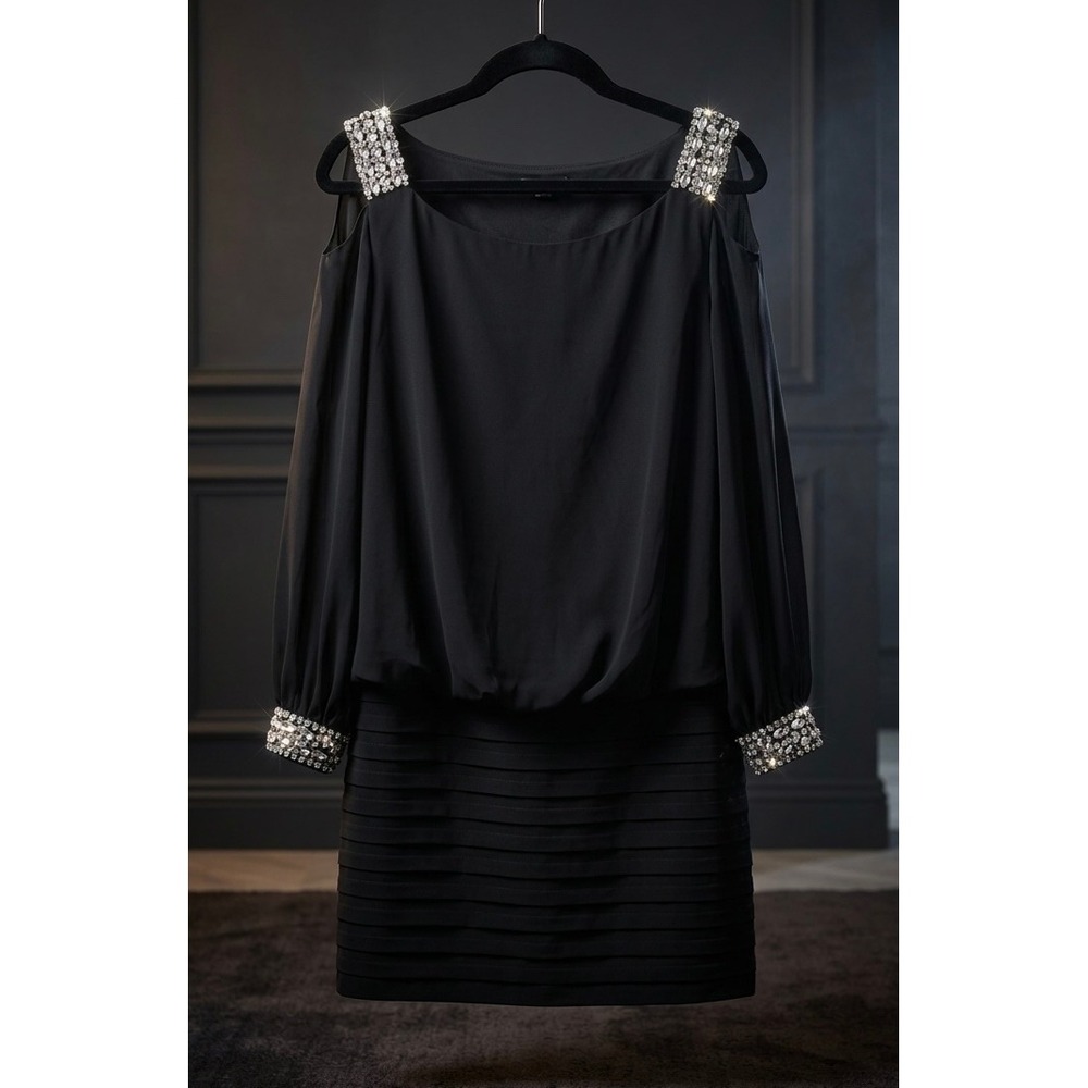 Betsy Adam Black Chiffon Blouson Dress Crystal Shoulder Cuff Plus 22W - Picture 1 of 6